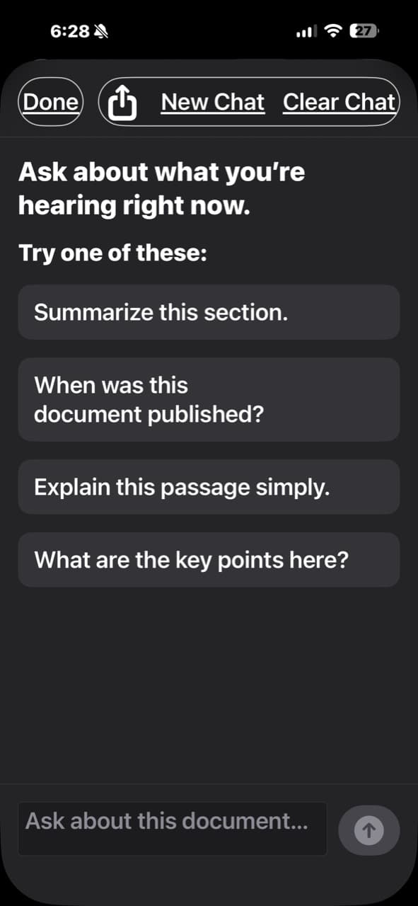 SpokenText Reader assistant offering prompts to summarize, explain, and identify key points