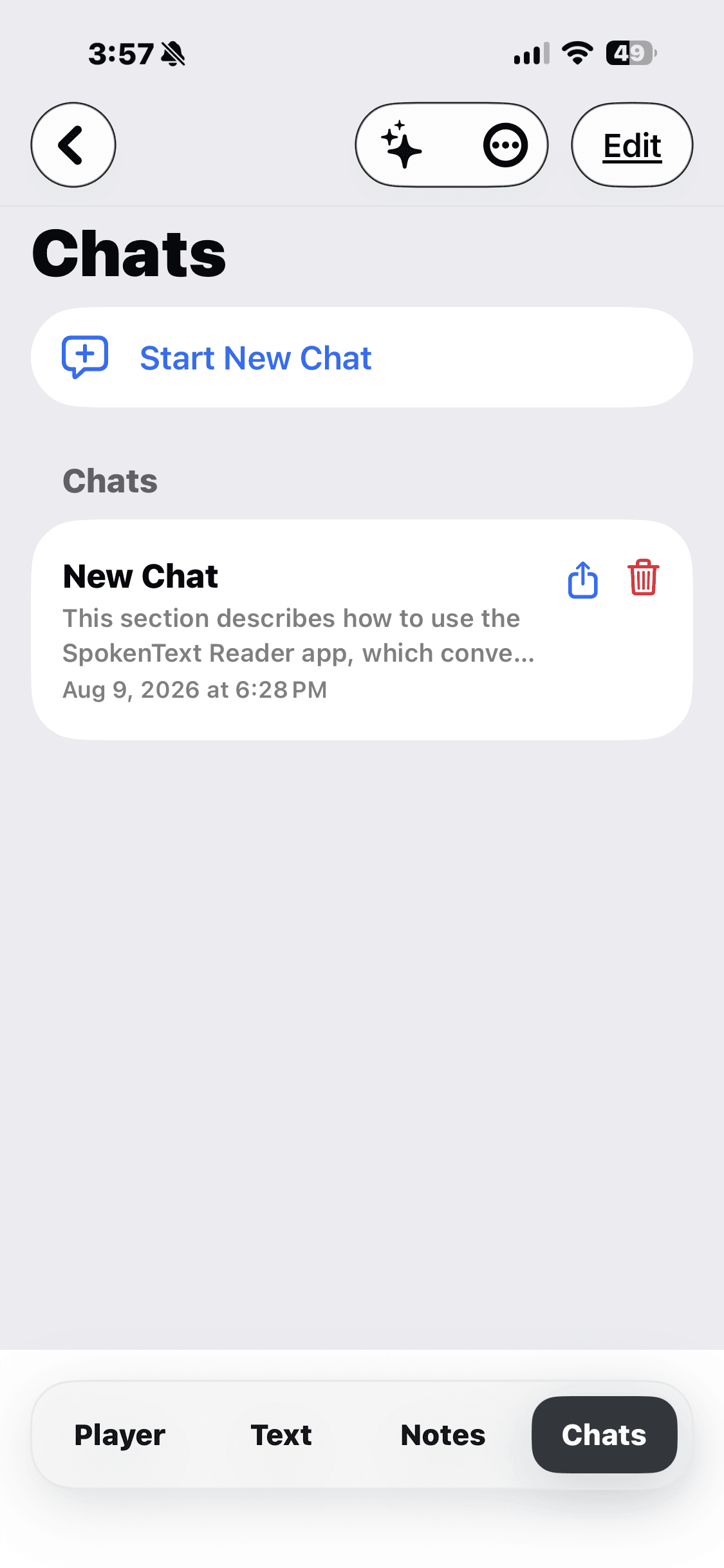 SpokenText Reader chats view with a saved conversation and controls to start, share, or delete a chat