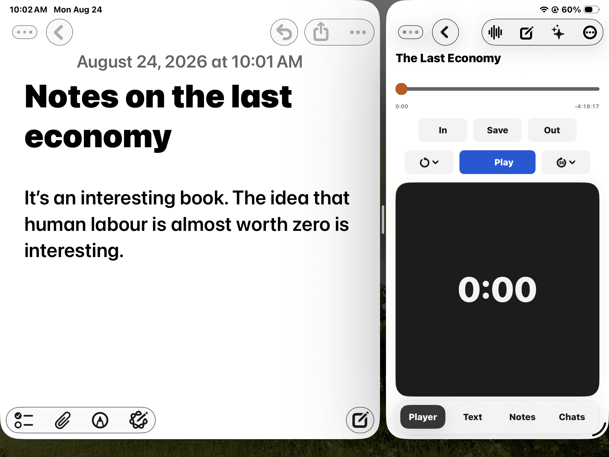 An iPad in Split View. Notes on the left contain study notes about The Last Economy; SpokenText Reader on the right shows its player and text controls.