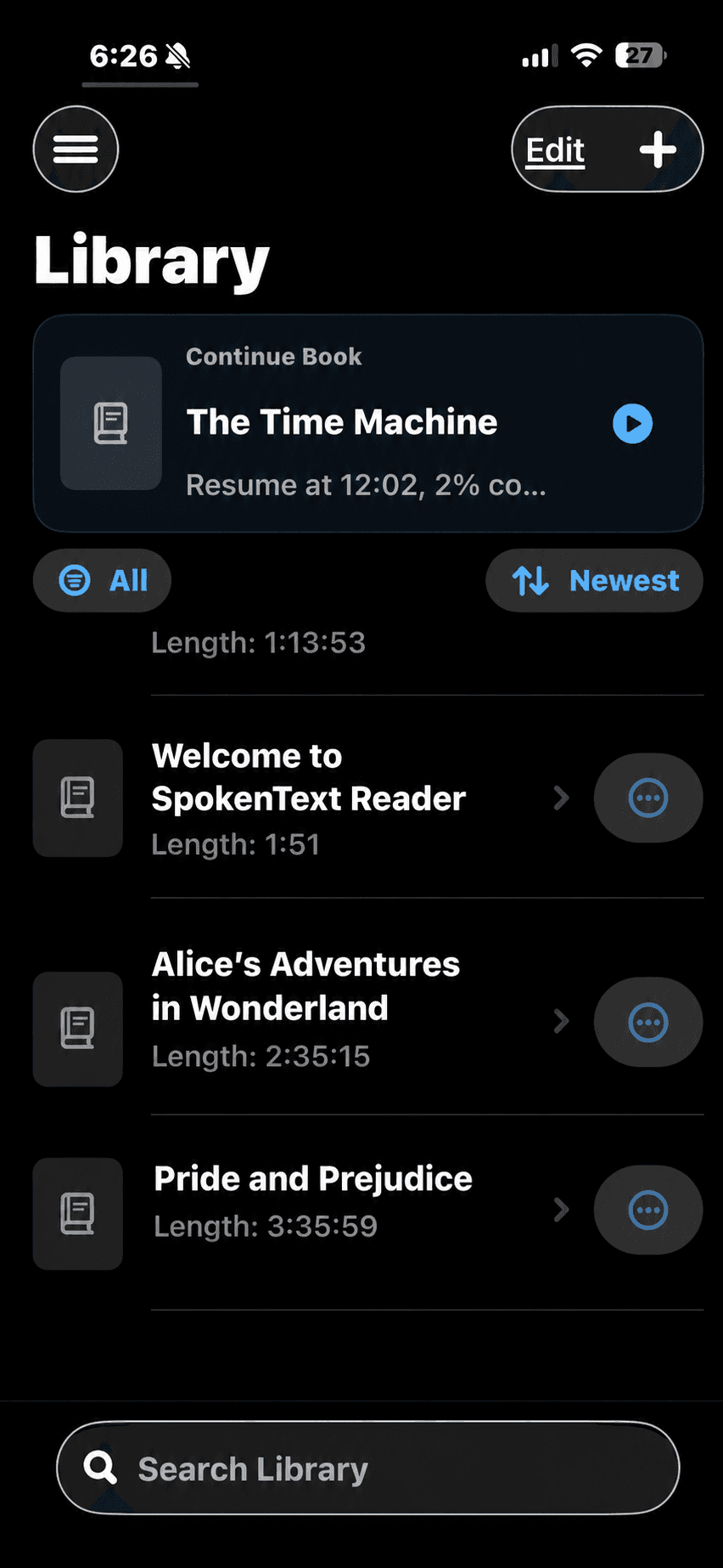 SpokenText Reader library showing several imported books