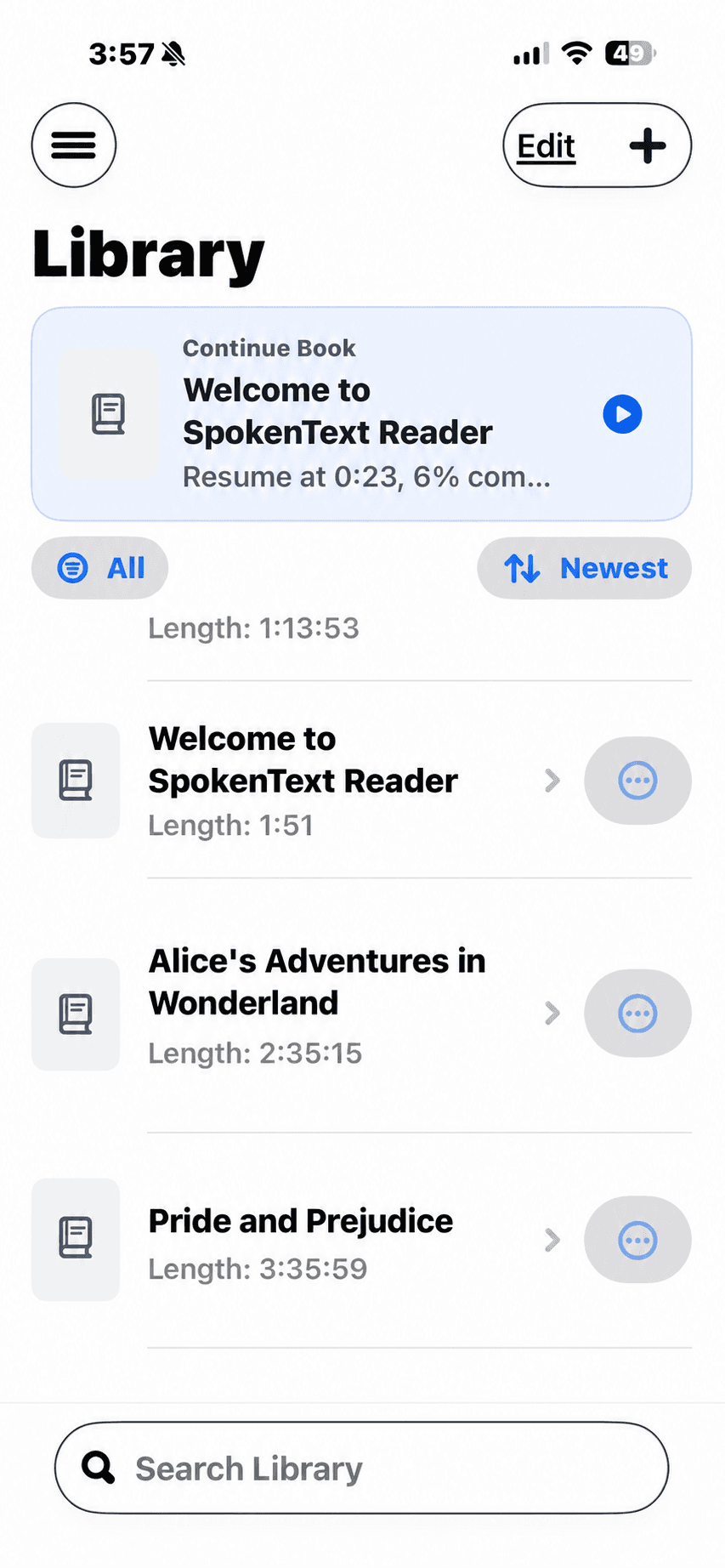 SpokenText Reader library showing several imported books