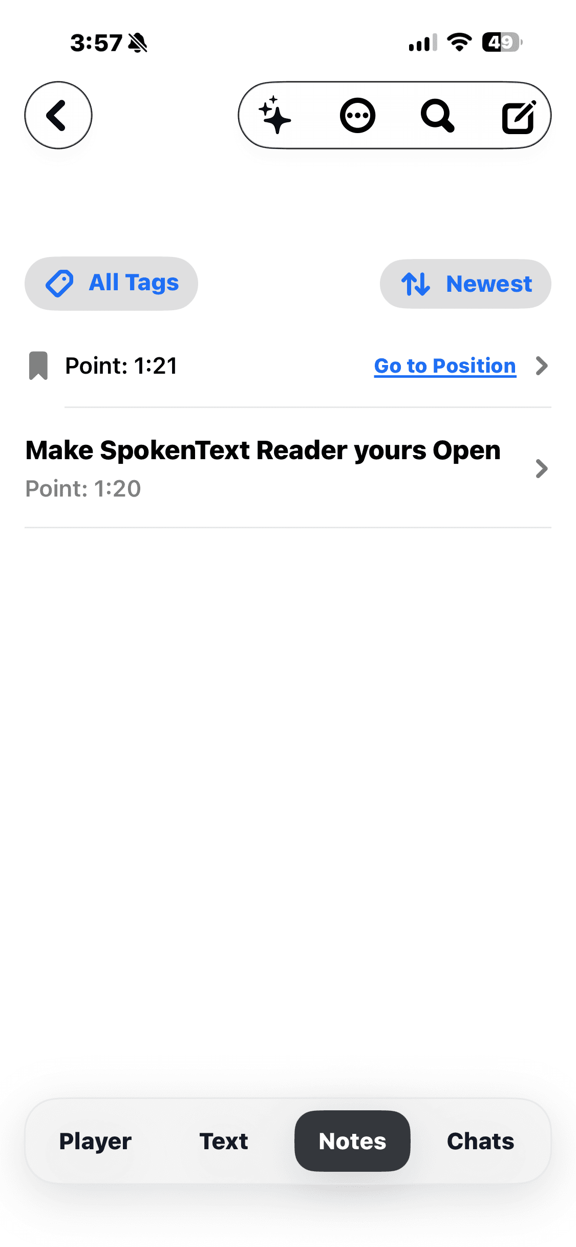 SpokenText Reader notes view showing saved passages and links to their source positions