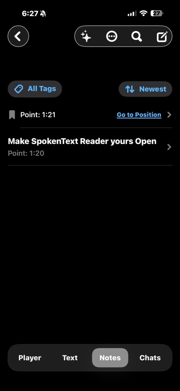 SpokenText Reader notes view showing saved passages and links to their source positions