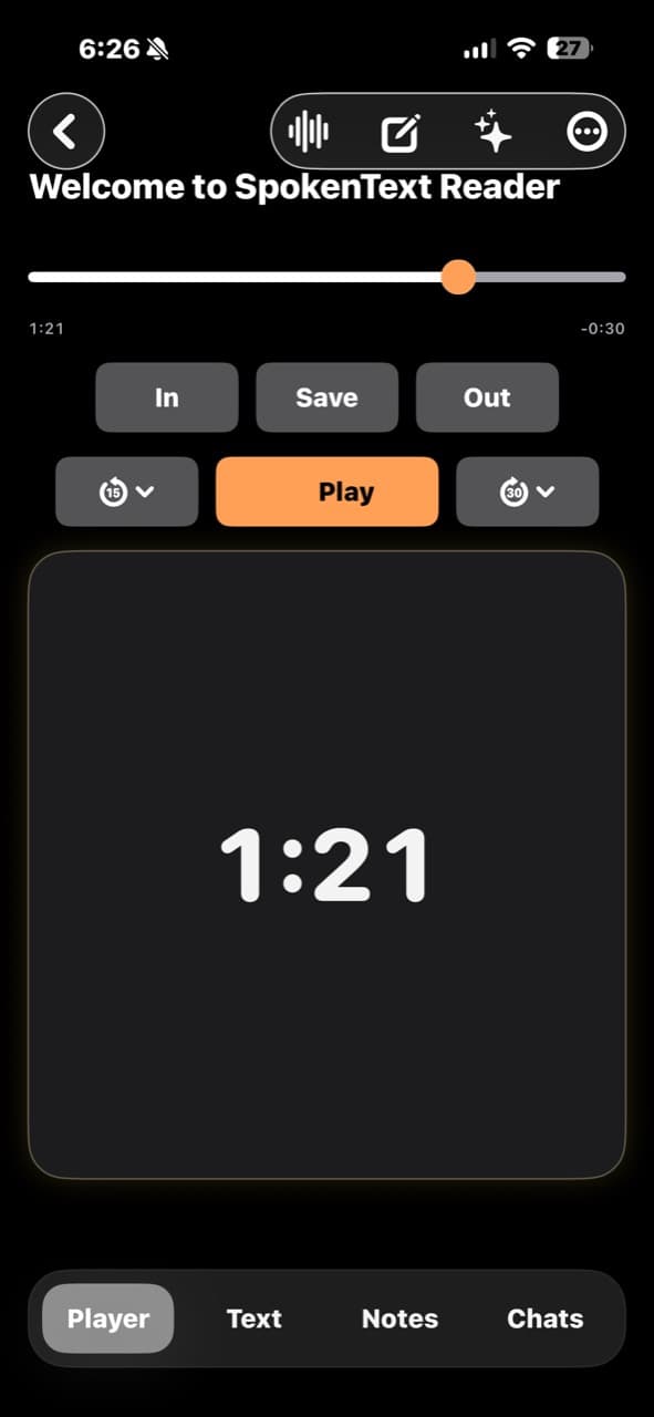 SpokenText Reader player showing playback controls, clip controls, and the current position in a document