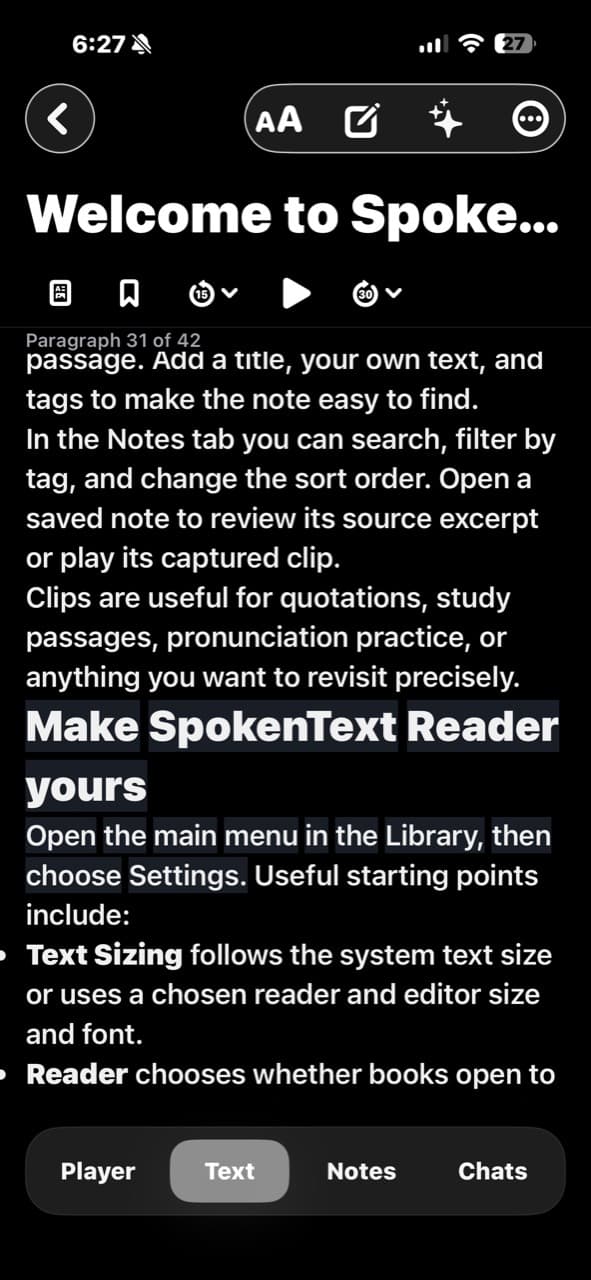 SpokenText Reader text view with large type and synchronized word highlighting